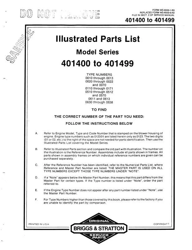 Mode d'emploi BRIGGS & STRATTON 401400 TO 401499