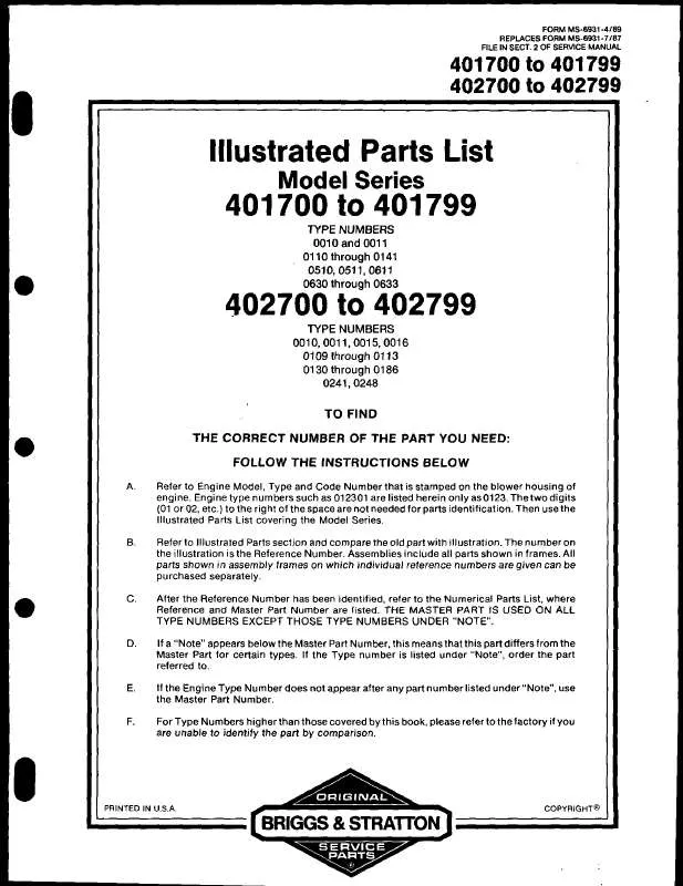 Mode d'emploi BRIGGS & STRATTON 401707