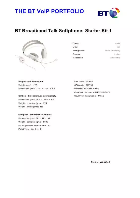 Mode d'emploi BT BROADBAND TALK SOFTPHONE