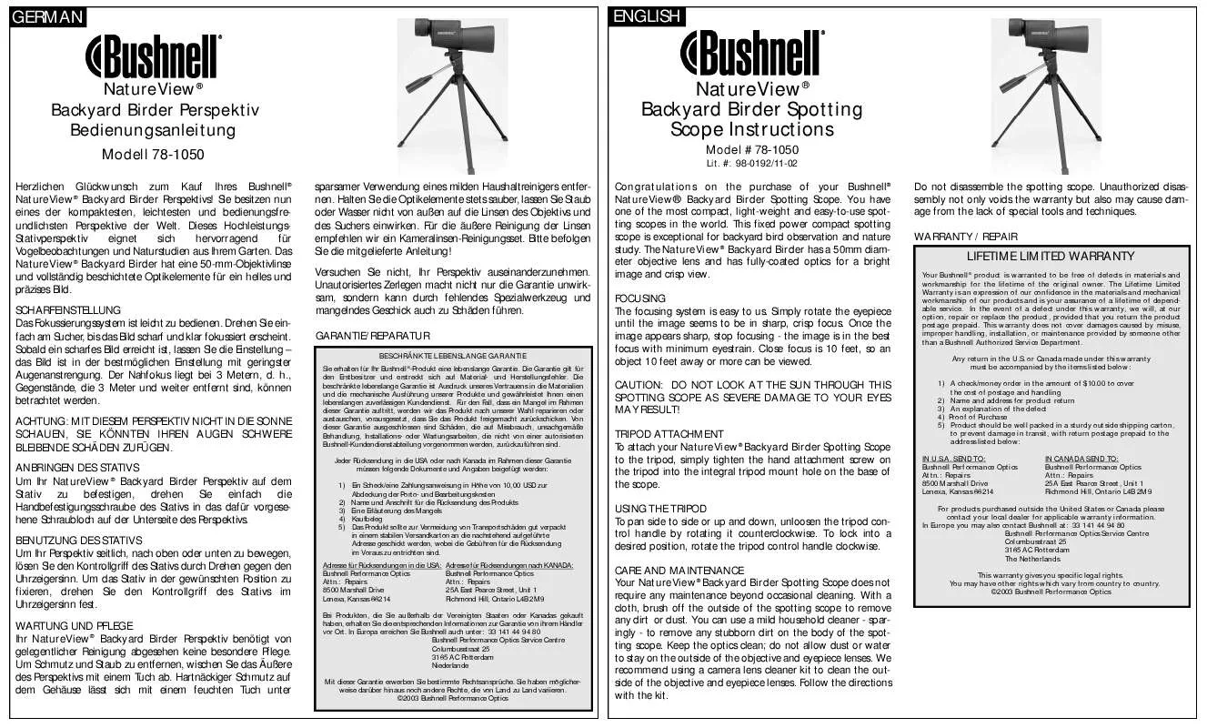 Mode d'emploi BUSHNELL NATUREVIEW/BACKYARD BIRDER 78-1050