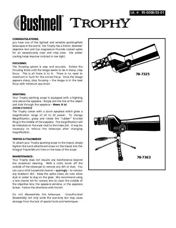 Mode d'emploi BUSHNELL TROPHY 78-7325