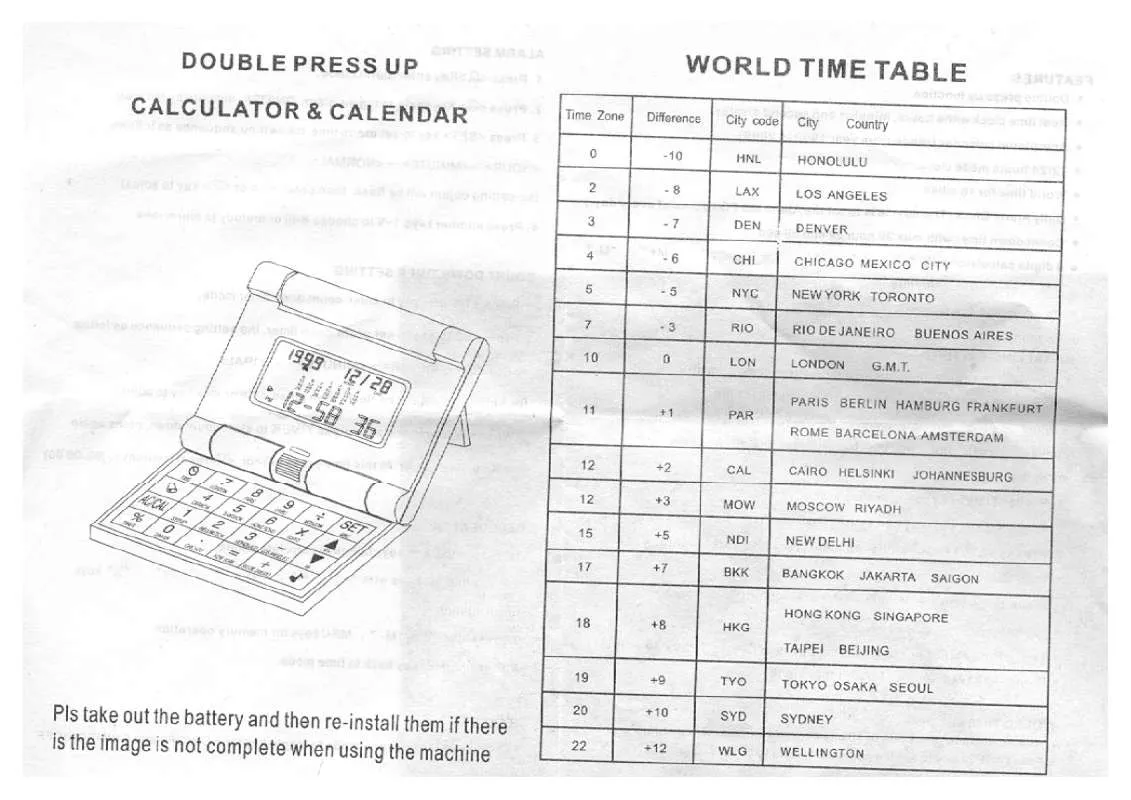 Mode d'emploi CALCULATOR & CALENDAR DOUBLE PRESS UP CALCULATOR & CALENDAR