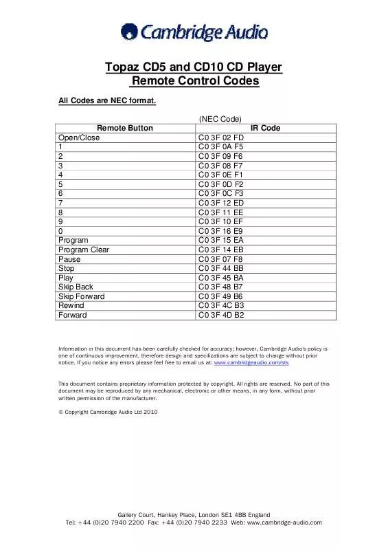 Mode d'emploi CAMBRIDGE TOPAZ CD5 IR REMOTE CONTROL CODES