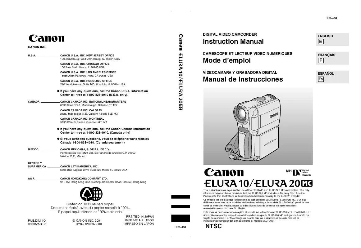 Mode d'emploi CANON ELURA 20 MC