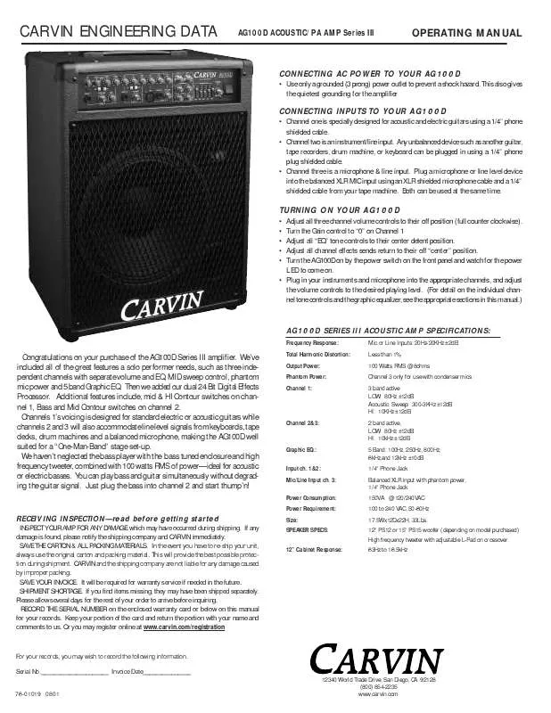 Mode d'emploi CARVIN AG100D2003