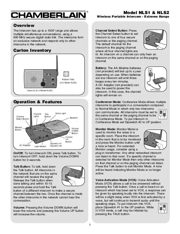 Mode d'emploi CHAMBERLAIN NLS1