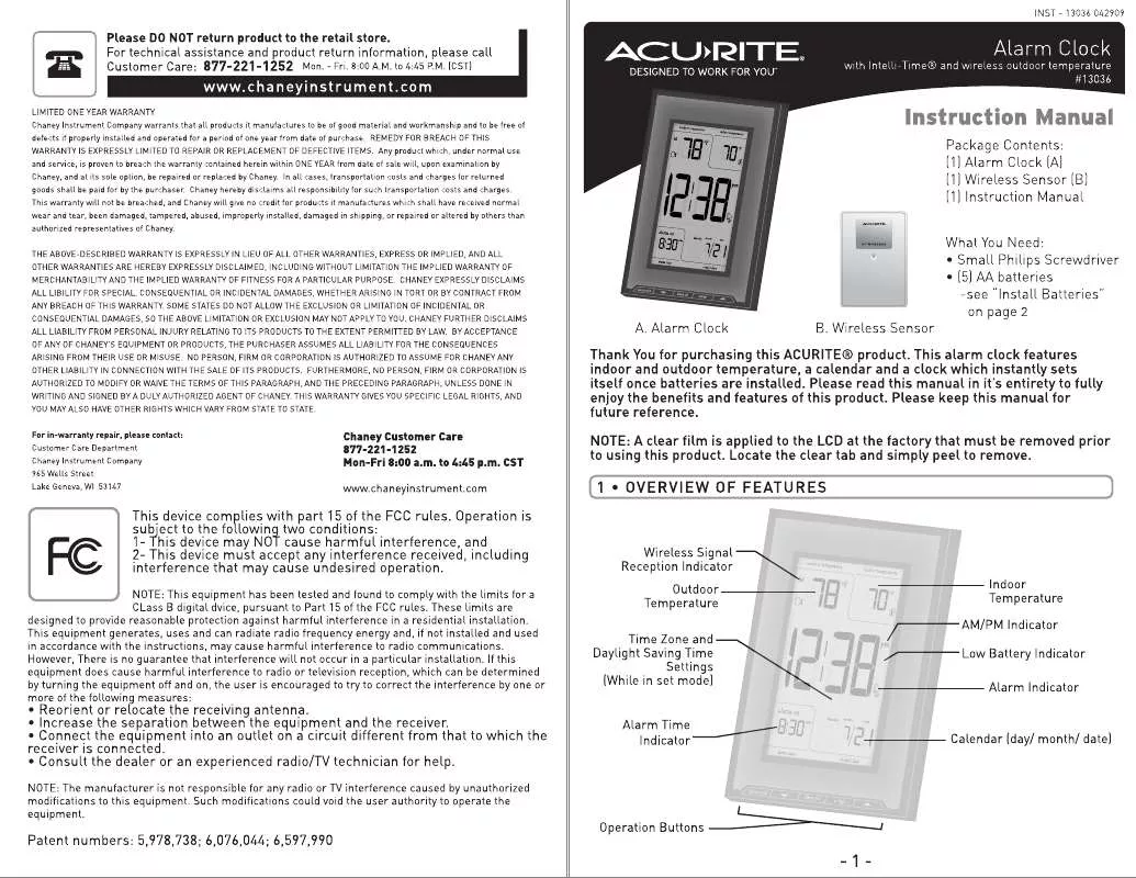 Mode d'emploi CHANEY INSTRUMENTS BATTERY ALARM CLOCK MODEL 13036