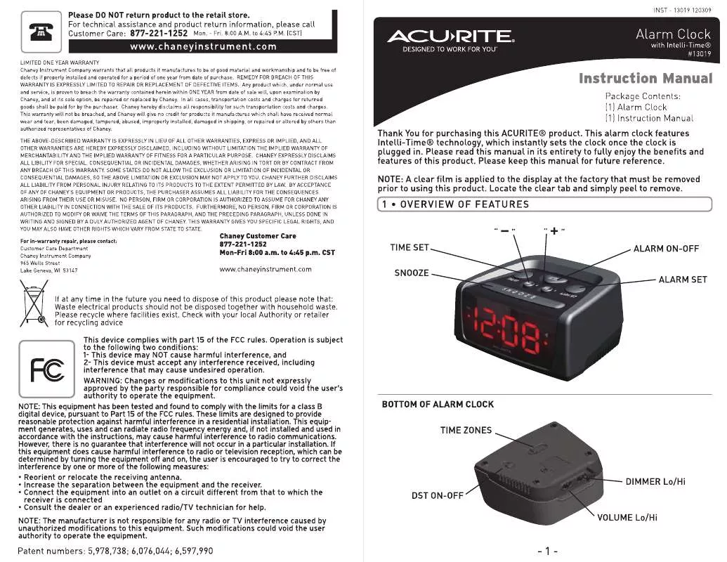 Mode d'emploi CHANEY INSTRUMENTS BIGLOUD ELECTRIC INTELLITIME ALARM-MODEL 13019