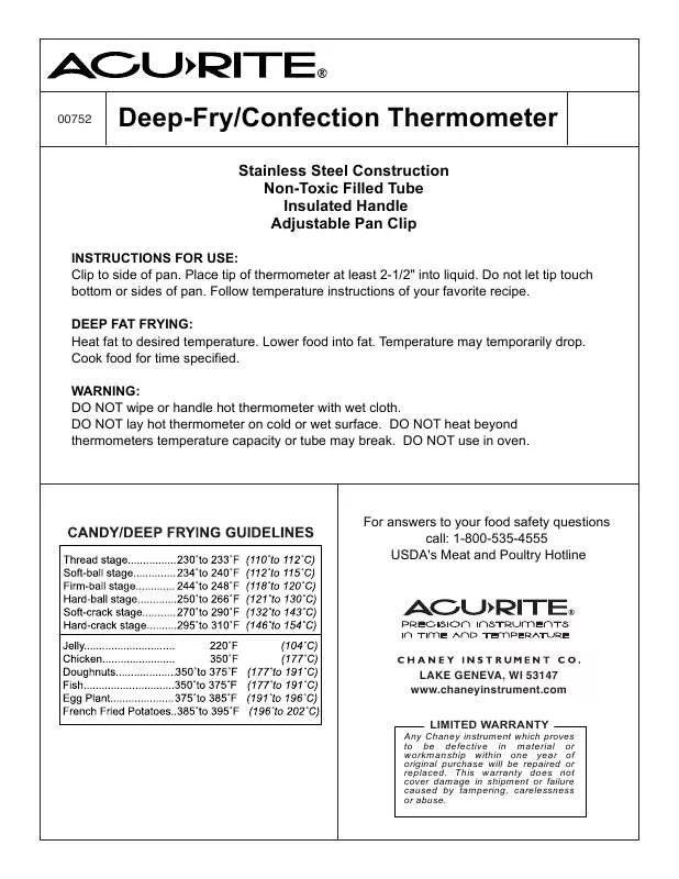 Mode d'emploi CHANEY INSTRUMENTS CANDY PADDLE THERMOMETER MODEL 00752