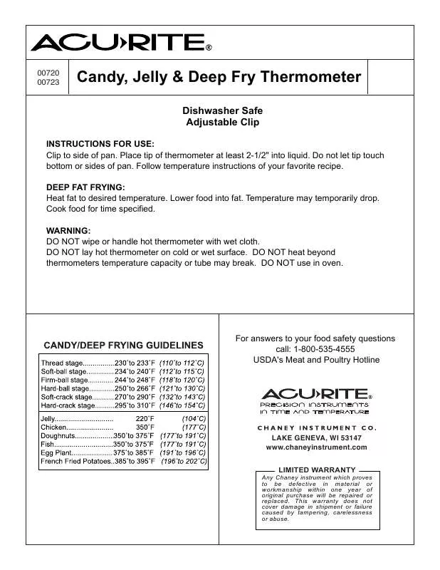 Mode d'emploi CHANEY INSTRUMENTS CANDY THERMOMETER WITH SHEATH MODEL 00723