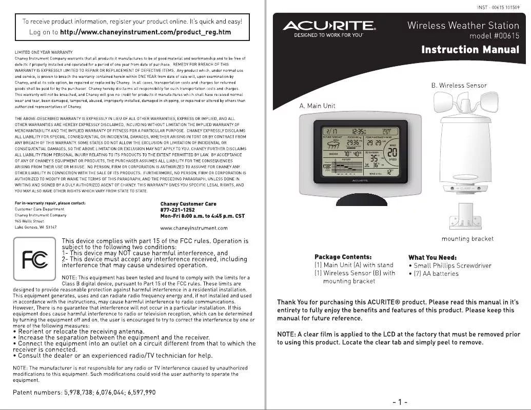 Mode d'emploi CHANEY INSTRUMENTS DELUXE WIRELESS WEATHER CENTER