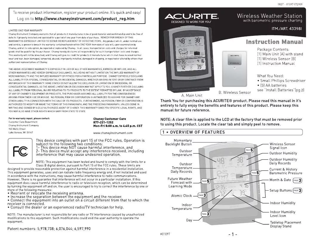 Mode d'emploi CHANEY INSTRUMENTS WIRELESS WEATHER STATION MODEL 01097