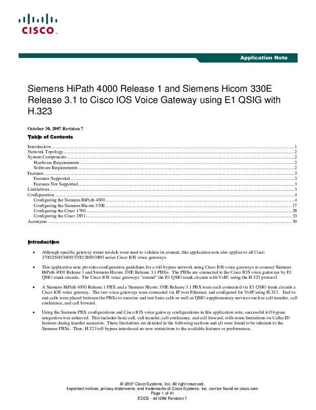 Mode d'emploi CISCO SIEMENS HIPATH 4000 RELEASE 1