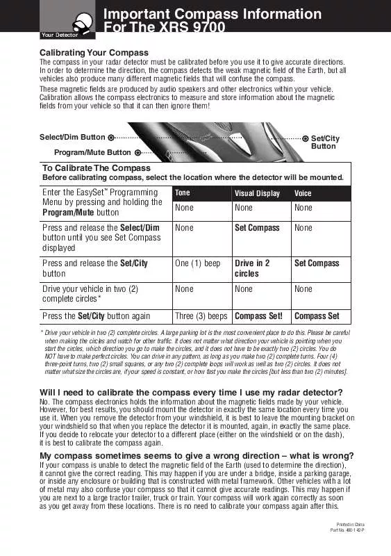 Mode d'emploi COBRA XRS 9700 RADAR DETECTOR COMPASS INFORMATION