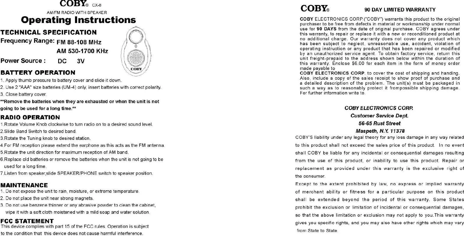 Mode d'emploi COBY CX-8