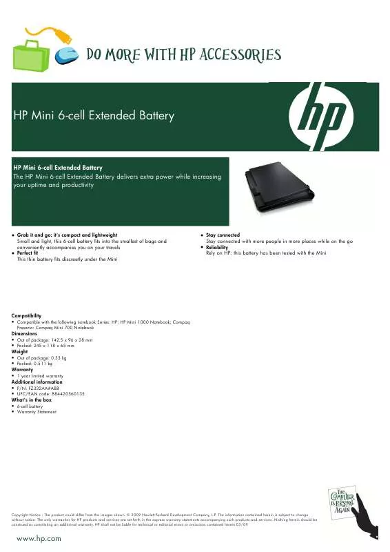 Mode d'emploi COMPAQ MINI 6-CELL EXTENDED BATTERY