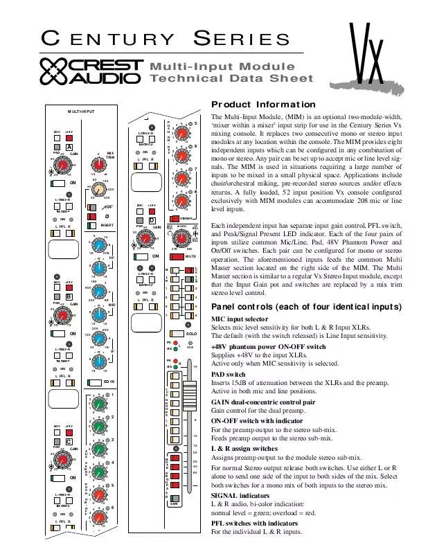 Mode d'emploi CREST AUDIO CENTURY SERIES VX MULTI-INPUT MODULE