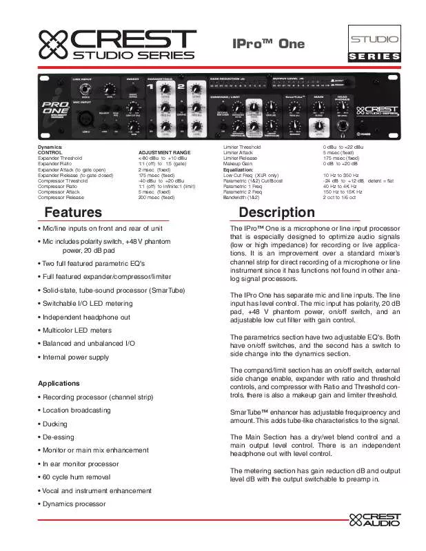 Mode d'emploi CREST AUDIO IPRO ONE