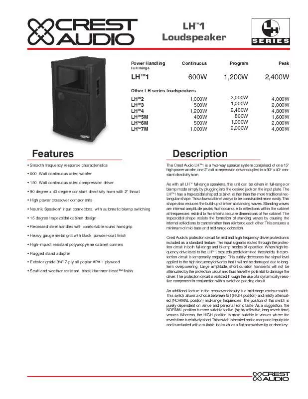 Mode d'emploi CREST AUDIO LH1 LOUDSPEAKER