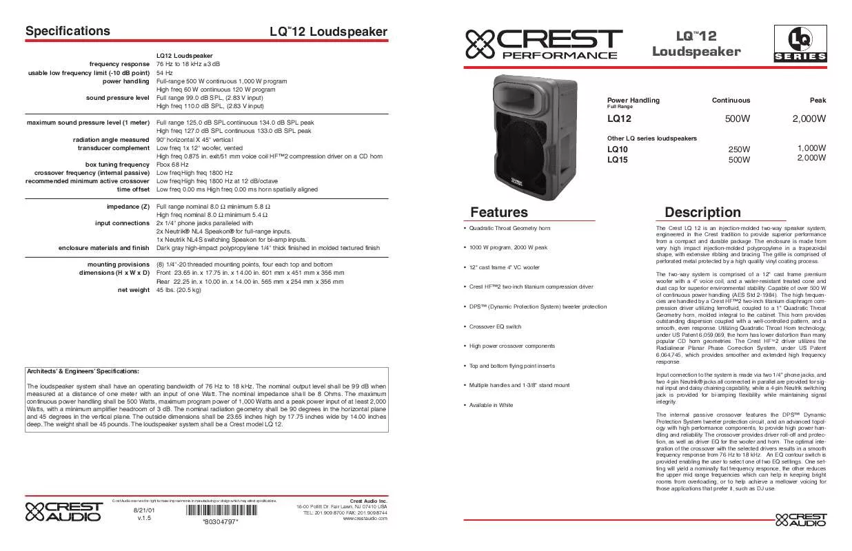 Mode d'emploi CREST AUDIO LQ12 LOUDSPEAKER