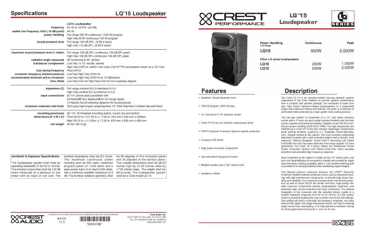 Mode d'emploi CREST AUDIO LQ15 LOUDSPEAKER