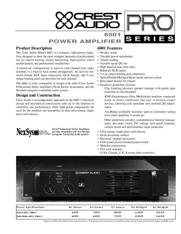 Mode d'emploi CREST AUDIO PRO SERIES 6001