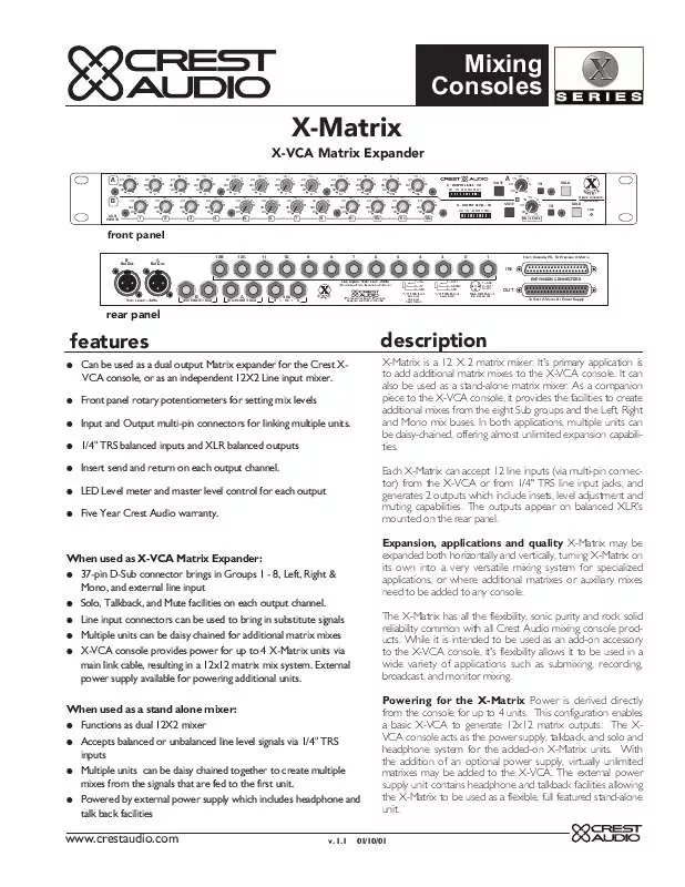 Mode d'emploi CREST AUDIO X-MATRIX X-VCA MATRIX EXPANDER