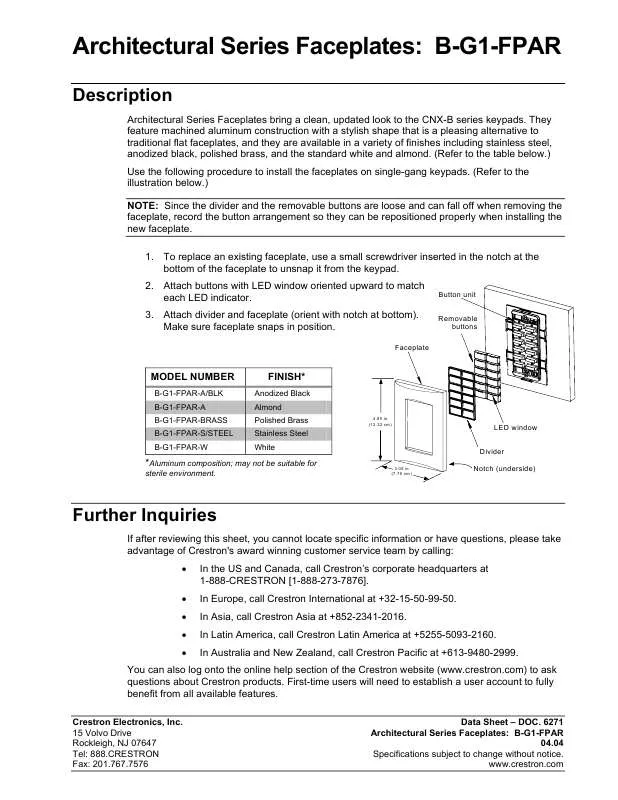 Mode d'emploi CRESTRON B-G1-FPAR