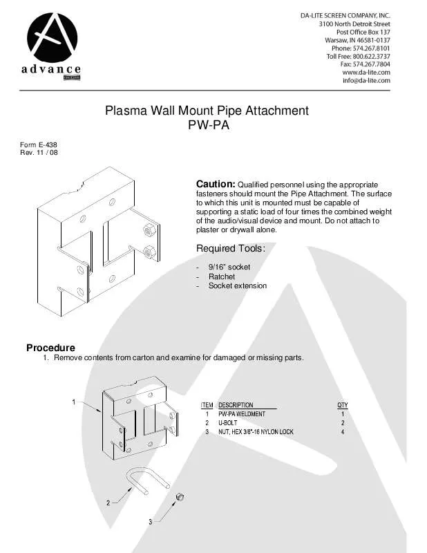 Mode d'emploi DA-LITE PW-PA