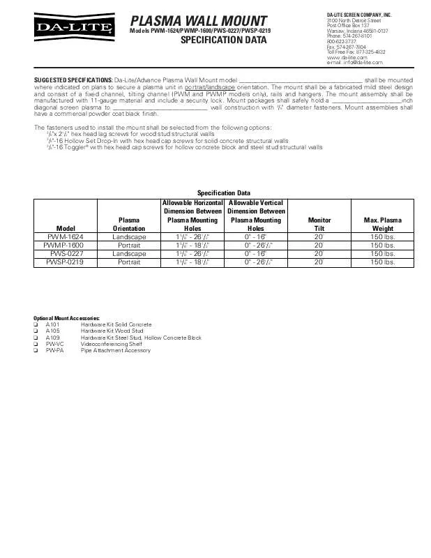 Mode d'emploi DA-LITE PWS-0227