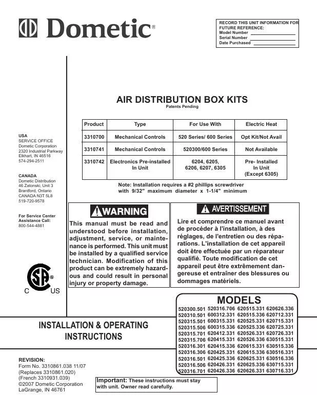 Mode d'emploi DOMETIC AIR DISTRIBUTION BOX