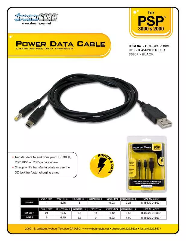 Mode d'emploi DREAMGEAR POWER DATA CABLE