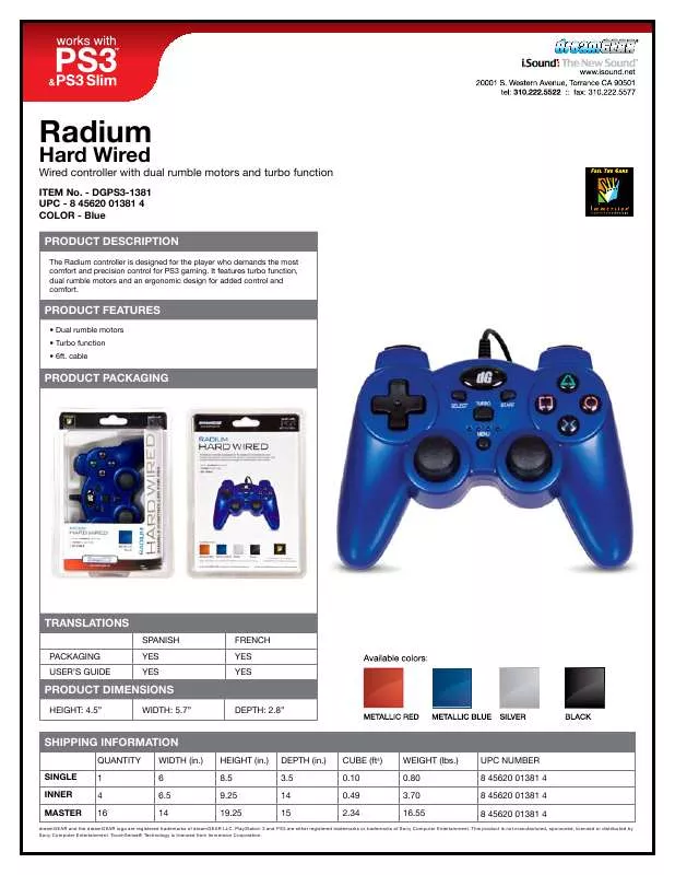 Mode d'emploi DREAMGEAR RADIUM HARD WIRED CONTROLLER