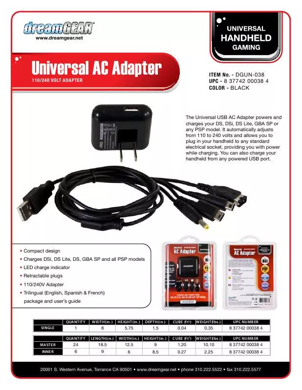 Mode d'emploi DREAMGEAR UNIVERSAL AC ADAPTER