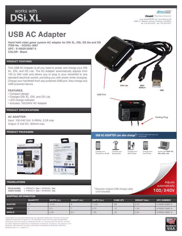 Mode d'emploi DREAMGEAR USB AC ADAPTER