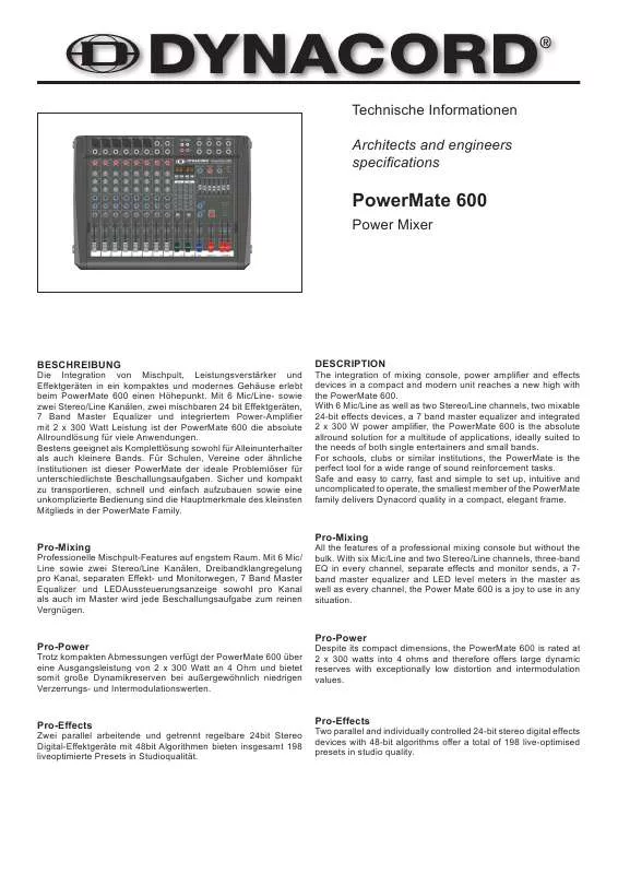 Mode d'emploi DYNACORD POWERMATE 600