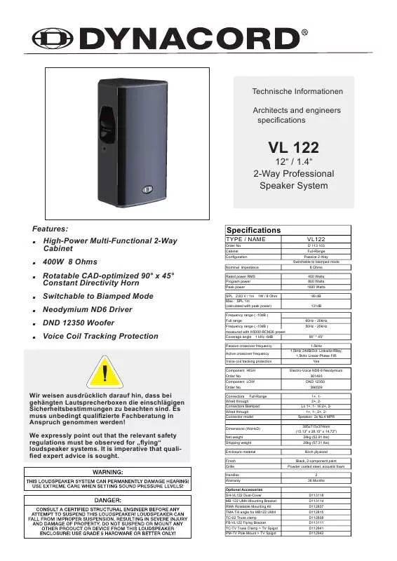 Mode d'emploi DYNACORD VL 122