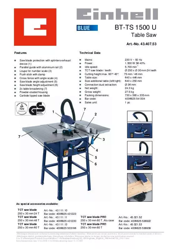 Mode d'emploi EINHELL BT-TS 1500 U