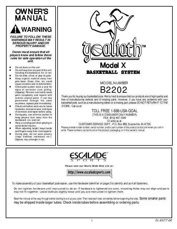 Mode d'emploi ESCALADE SPORTS 2L-6577-00