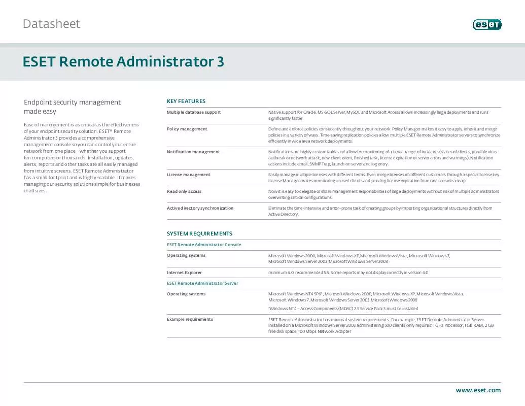 Mode d'emploi ESET REMOTE ADMINISTRATOR 3