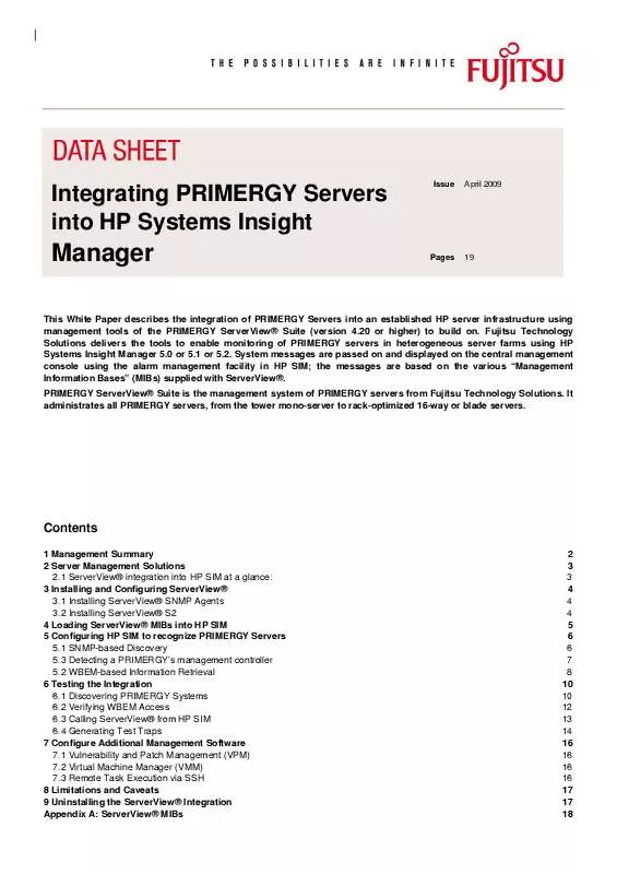 Mode d'emploi FUJITSU SIEMENS INTEGRATING PRIMERGY SERVERS INTO HP SIM