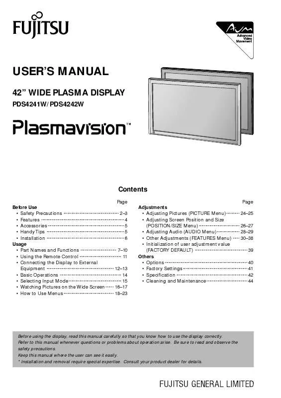 Mode d'emploi FUJITSU PLASMAVISION PDS4241