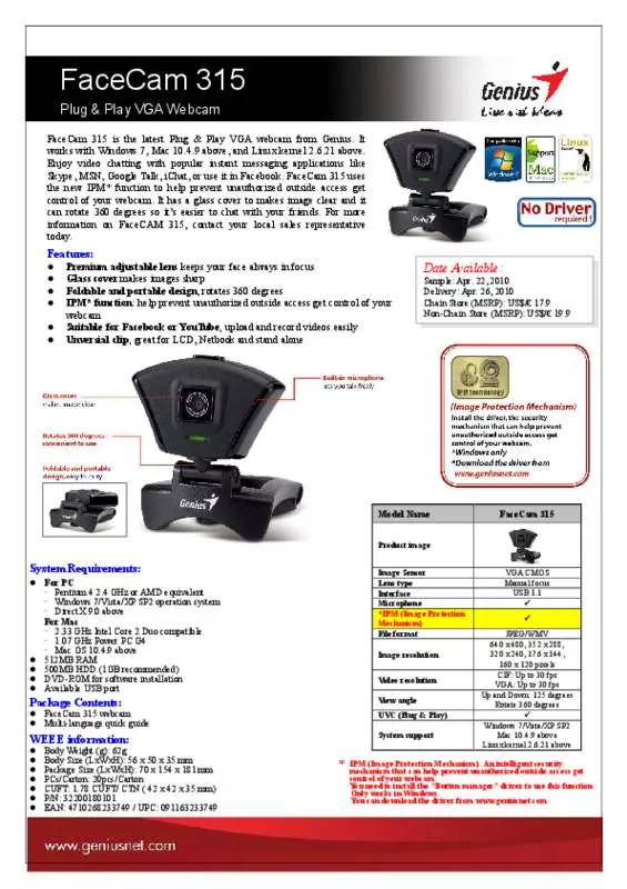 Mode d'emploi GENIUS FACECAM 315