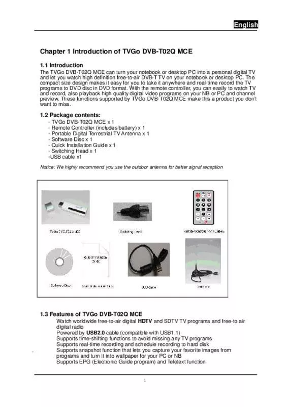 Mode d'emploi GENIUS TVGO DVB-T02Q MCE