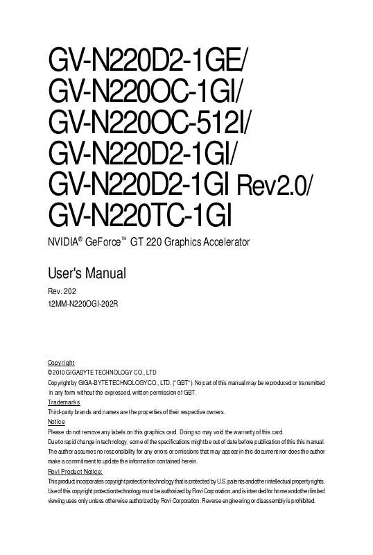 Mode d'emploi GIGABYTE GV-N220D2-1GE