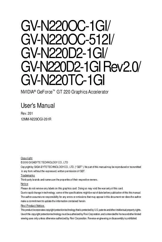 Mode d'emploi GIGABYTE GV-N220D2-1GI