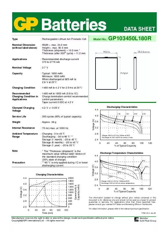 Mode d'emploi GP BATTERIES 103450L180R