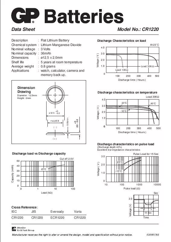 Mode d'emploi GP BATTERIES CR1220