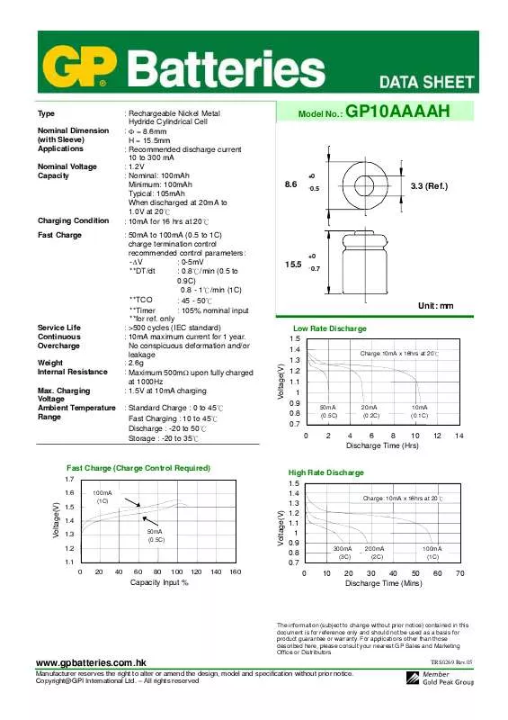 Mode d'emploi GP BATTERIES GP10AAAAH