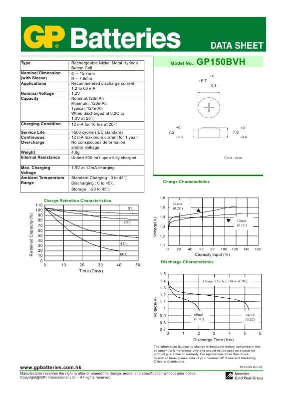 Mode d'emploi GP BATTERIES GP150BVH